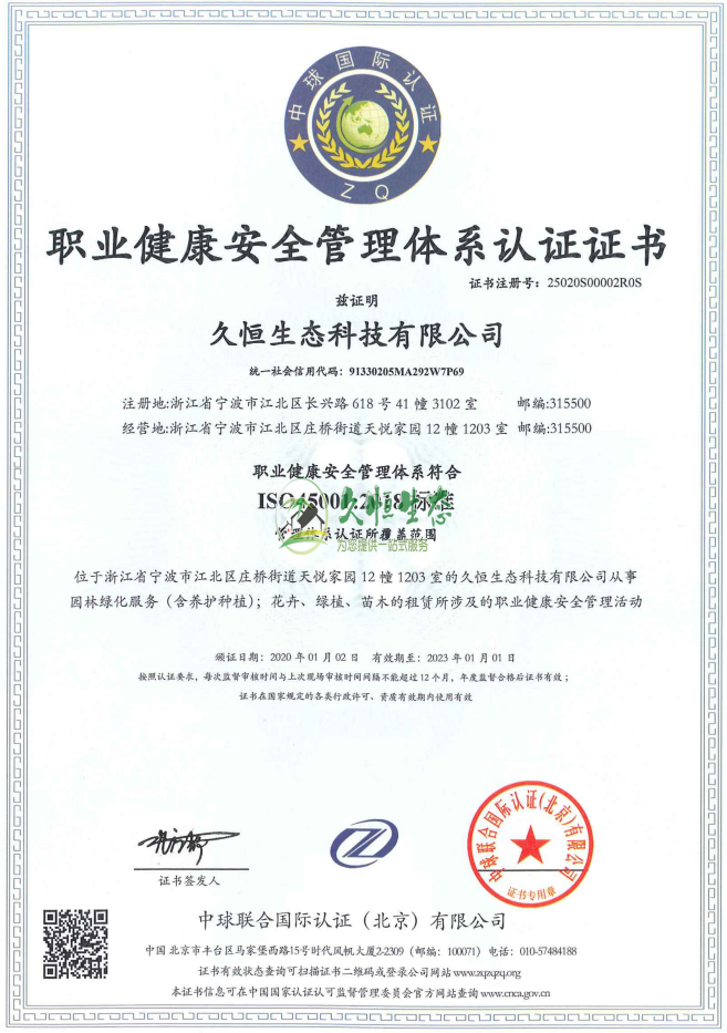 嘉兴桐乡职业健康安全管理体系ISO45001证书